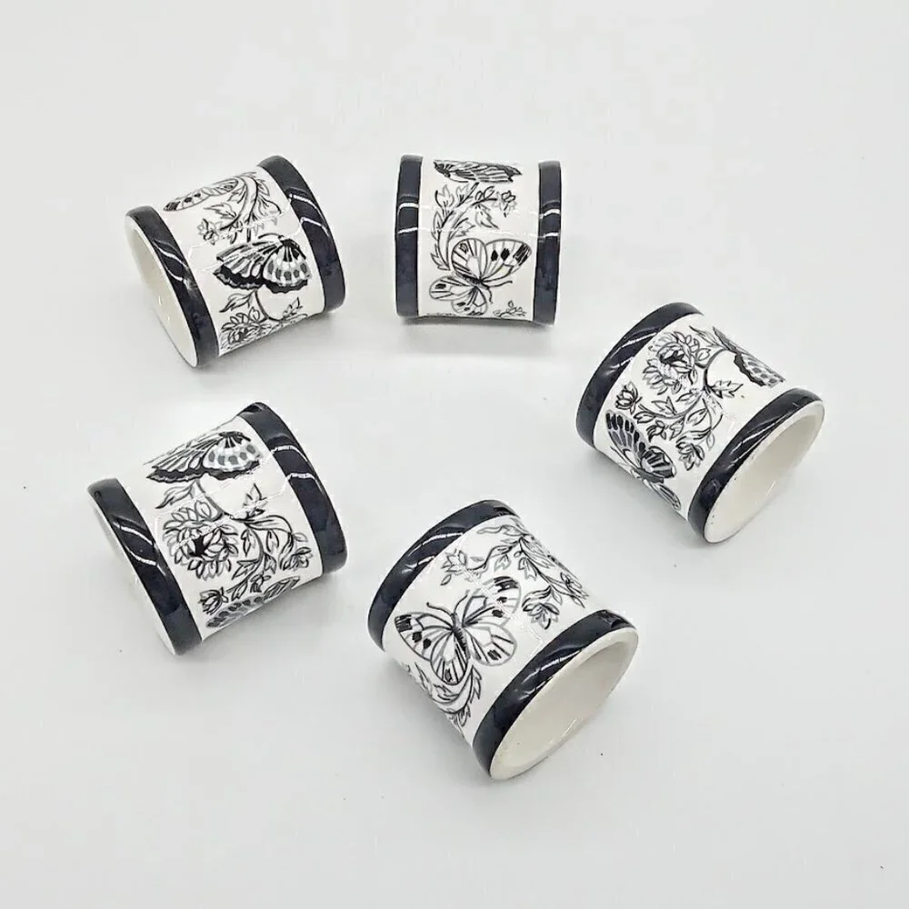 Set of 5 Black White Butterfly Porcelain Napkin Rings